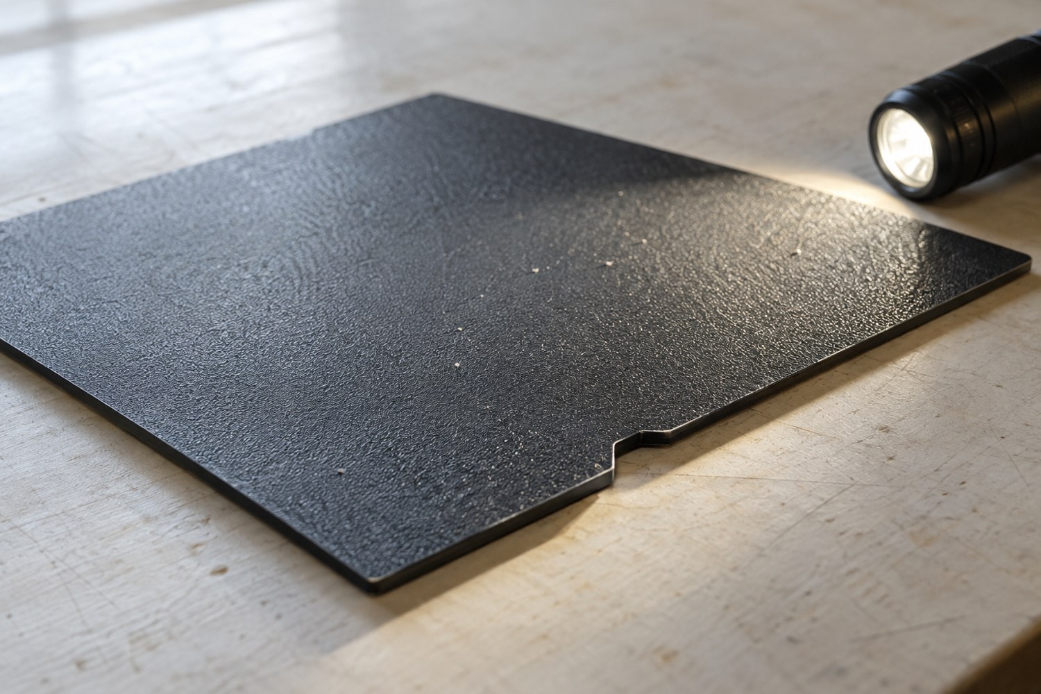 Illustration: A removed rectangular textured 3D printer build plate lies alone under a small inspection flashlight on a pale workbench
