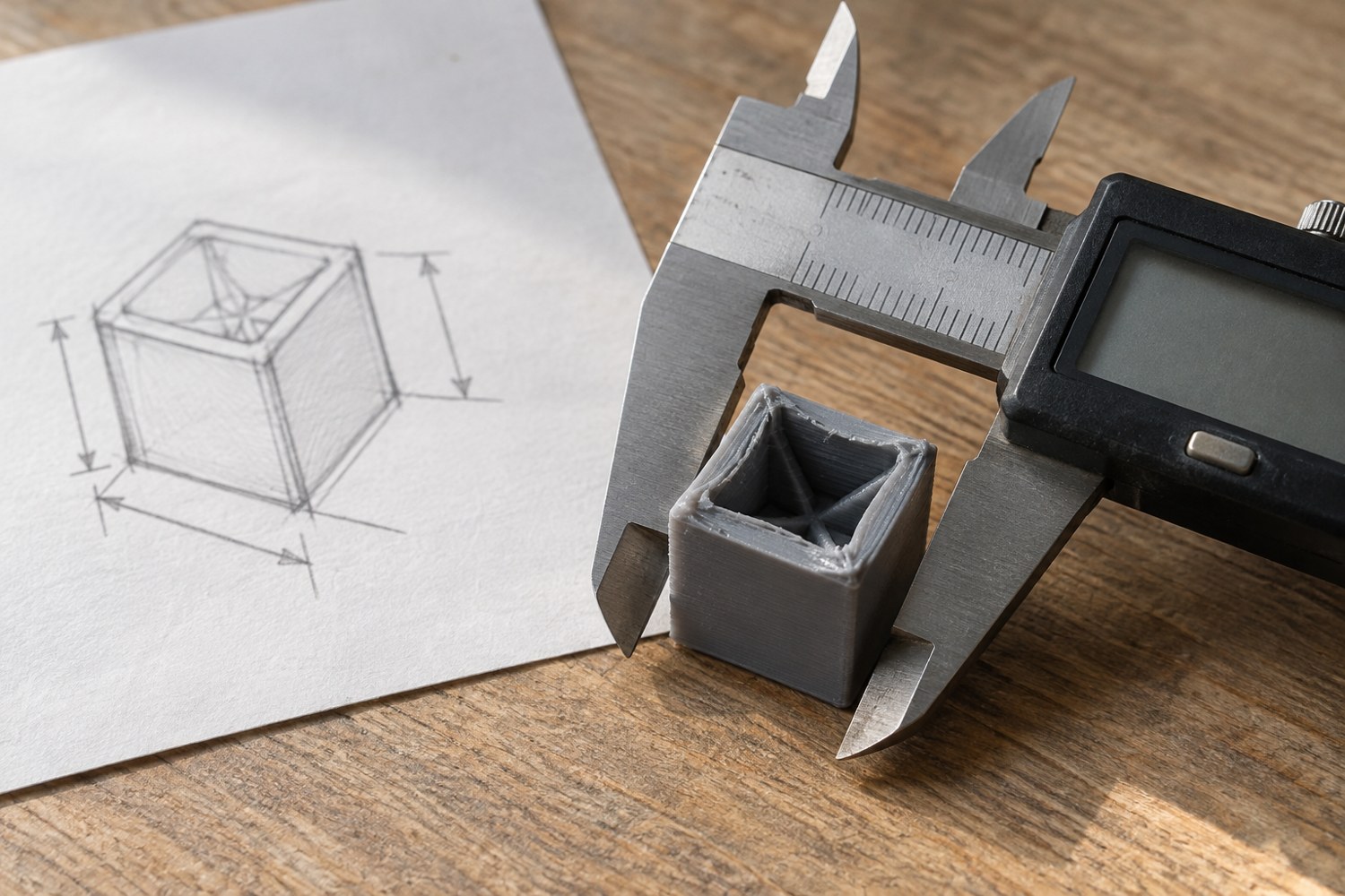 Illustration: Close-up of a digital caliper measuring the width of a single visibly misprinted small grey plastic cube, a pencil dimension sketch nearby