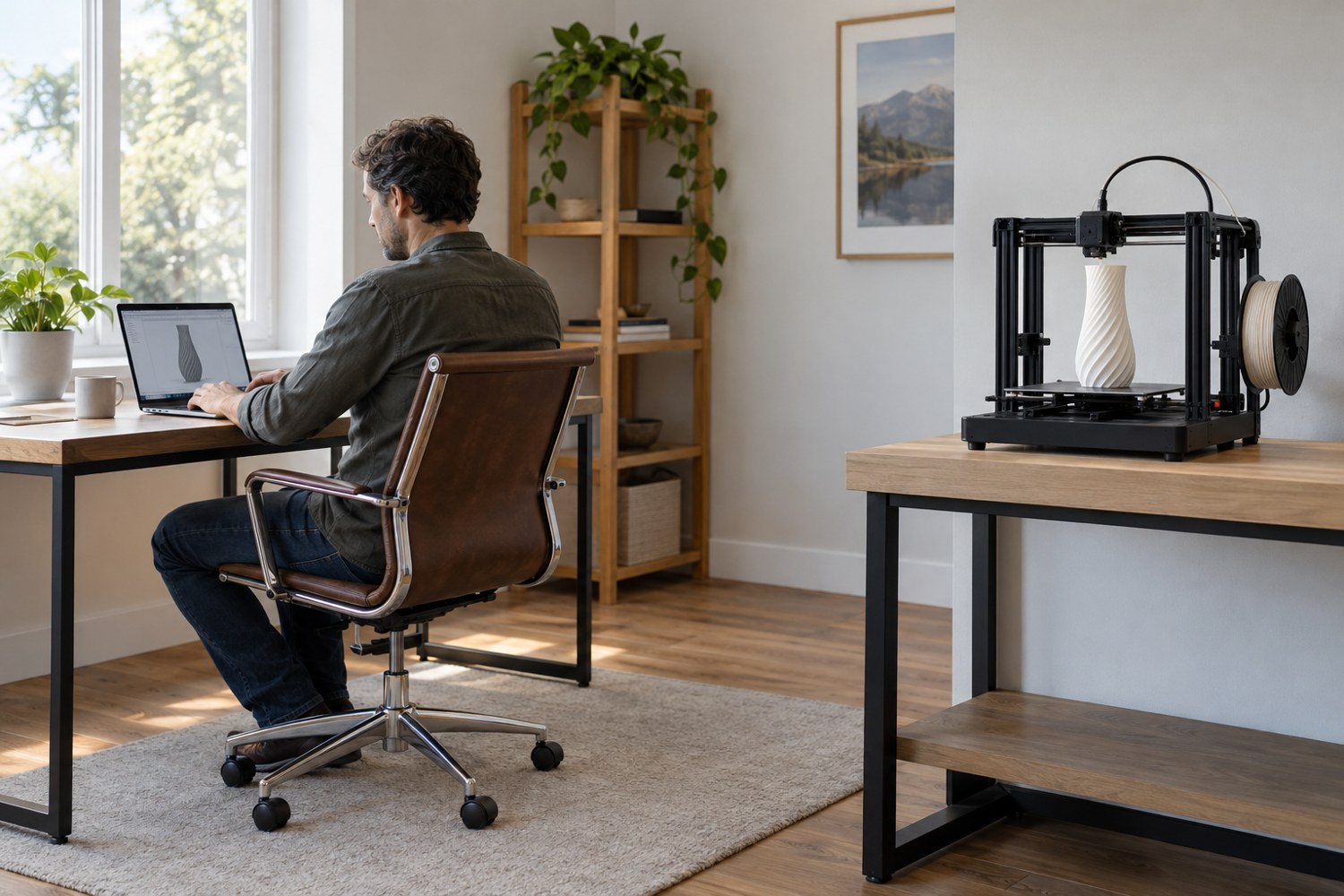Illustration: Wide view of an orderly home workshop with one desktop filament printer producing a tall cylindrical vase, an adult seated a safe distance away working at a desk and able to monitor it