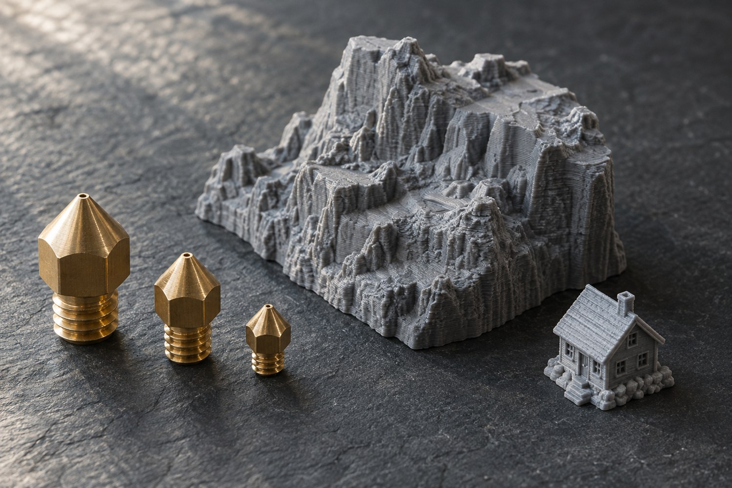 Illustration: Macro still life of three different-size brass 3D printer nozzles beside one chunky printed rocky terrain fragment and one tiny finely detailed house