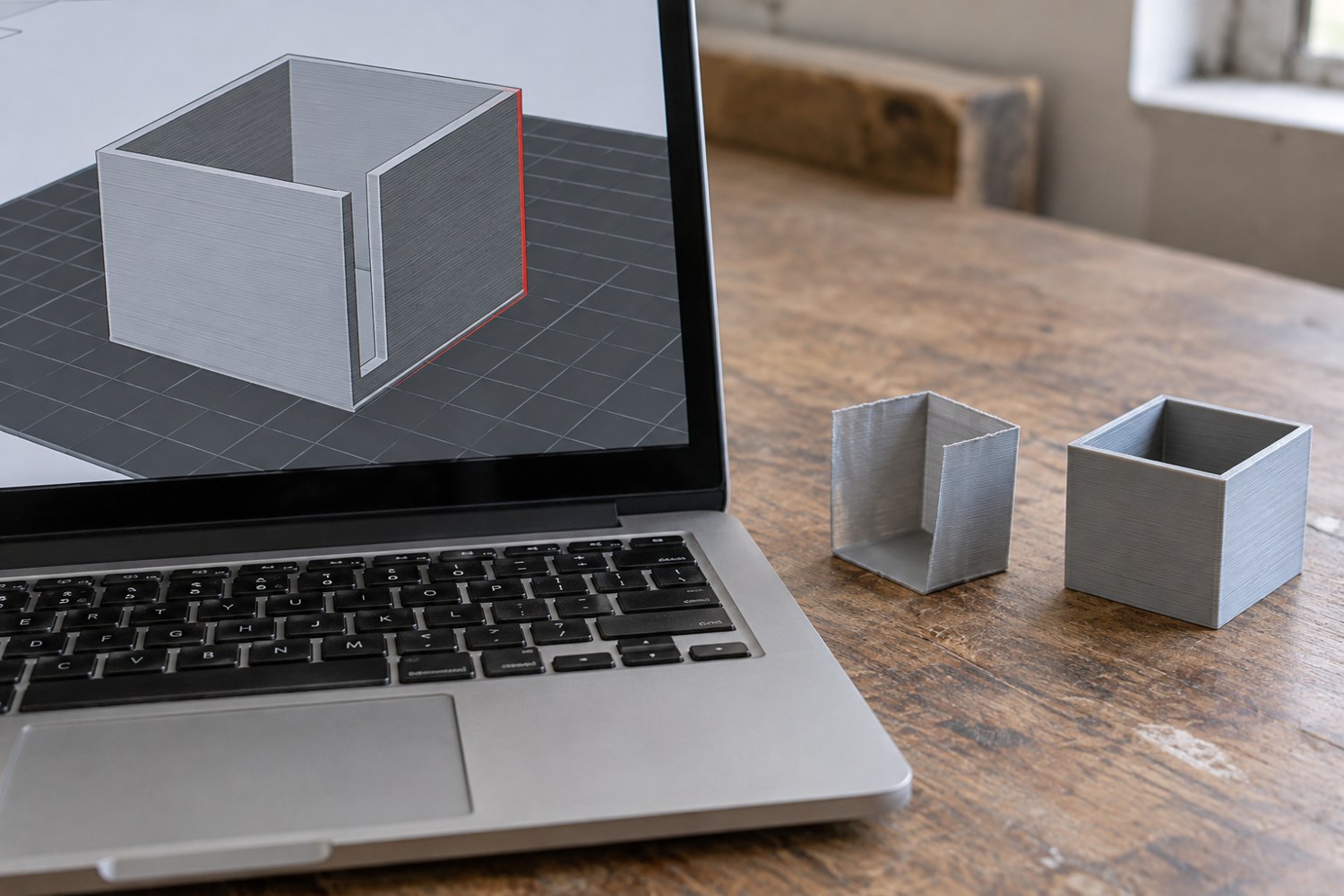 Illustration: Laptop displaying a simple unbranded sliced model preview of a thin-walled small box: one very thin wall is missing in the layer view