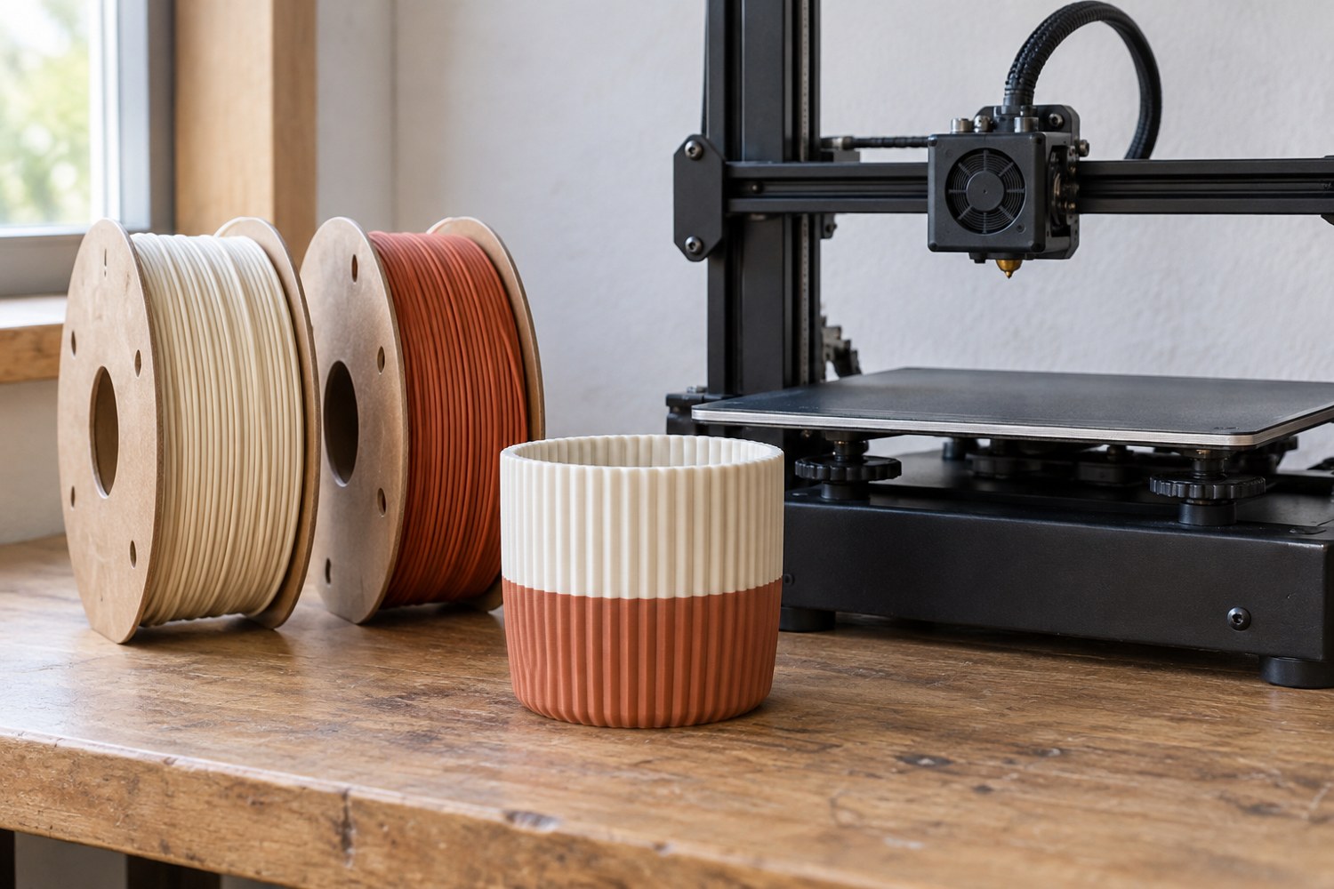 Illustration: A small filament-printed striped cylindrical pot with a clean horizontal transition from cream to terracotta halfway up, two corresponding filament spools beside an idle single-extruder printer