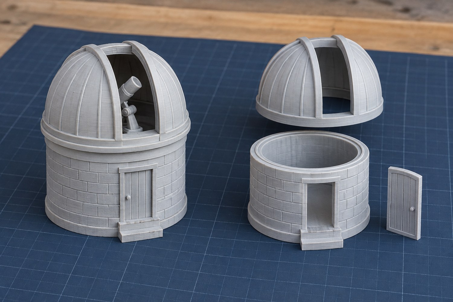 Illustration: A miniature domed observatory shown as one complete unpainted printed object and a second version separated into base, dome and door pieces, on a clean navy workmat