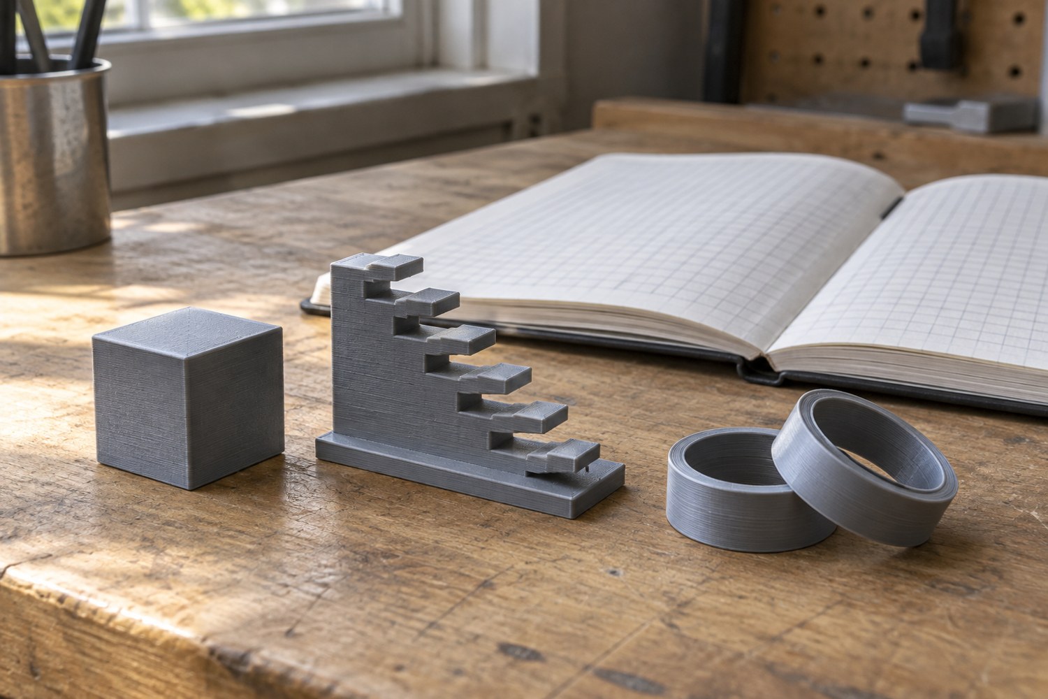Illustration: Three simple 3D-print calibration pieces: dimensional cube, short overhang staircase and two mating clearance rings, neatly arranged beside an open logbook with a simple grid, no readable words