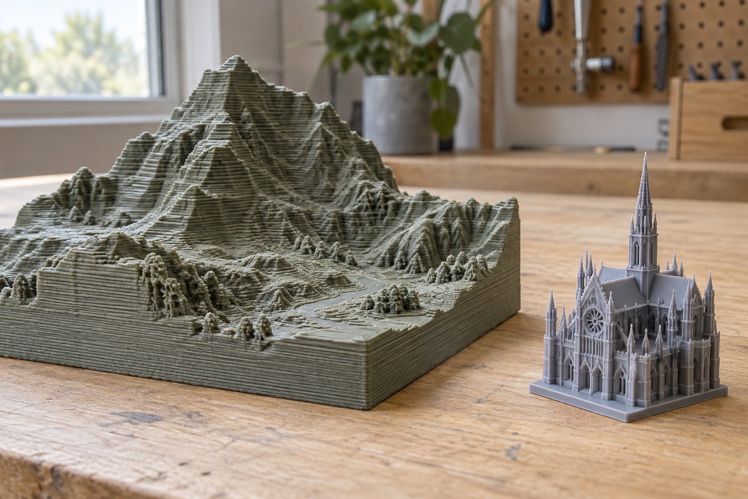 Illustration: Side-by-side tabletop examples: a large visibly layered filament terrain tile and a tiny smooth highly detailed grey resin architectural miniature