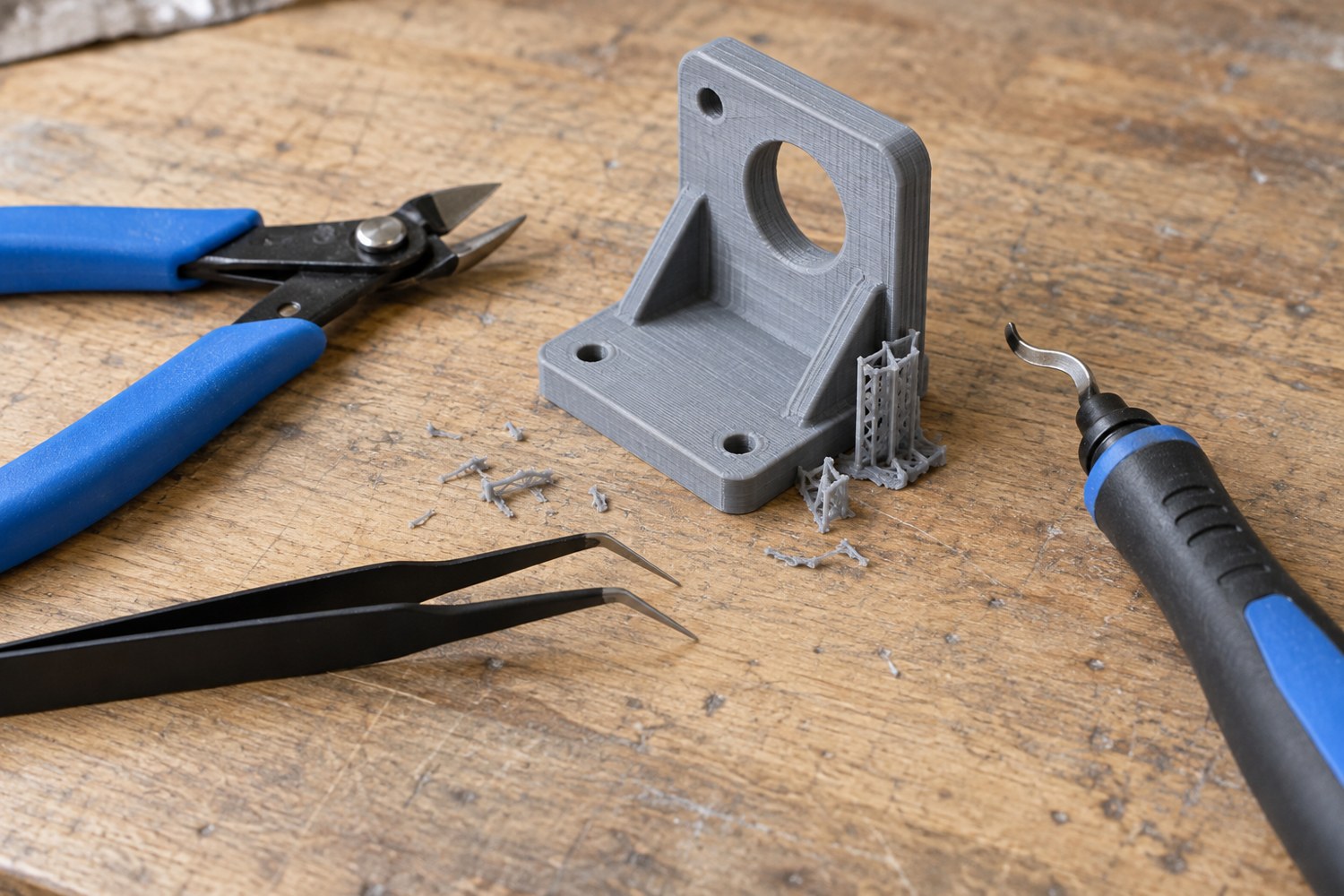 Illustration: Small hand tools for cleaning filament prints: flush cutters, tweezers and deburring tool laid beside a cooled grey printed bracket with a little removable support material