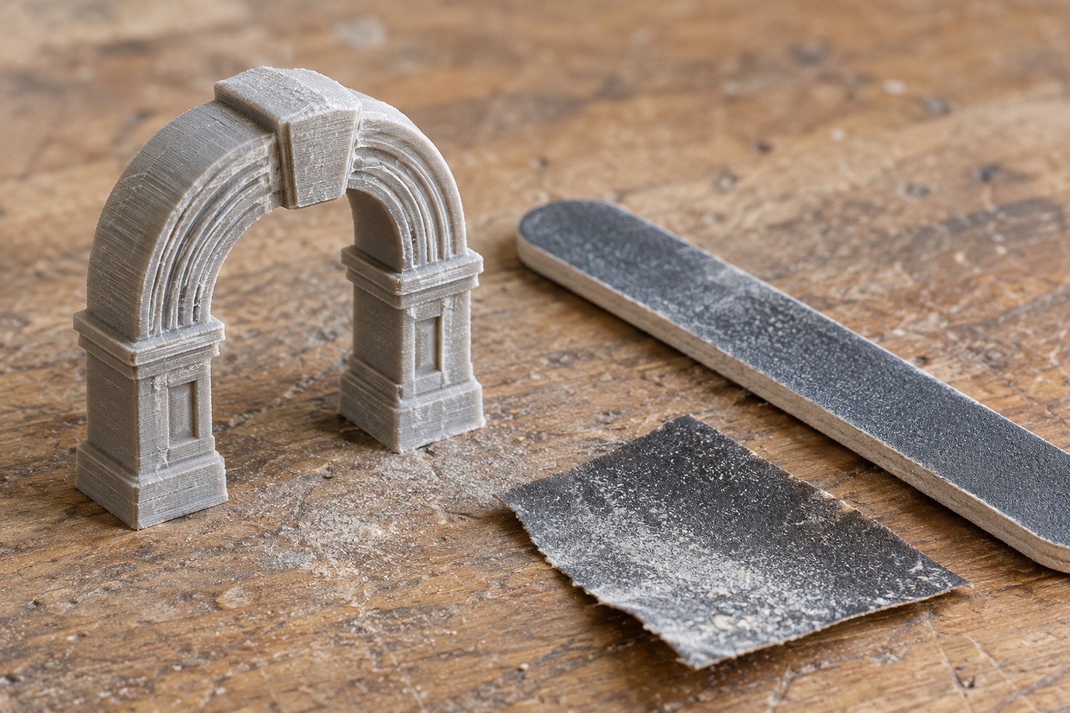 Illustration: A tiny printed arch with crisp carved grooves and a narrow sanding stick resting beside it, close-up emphasizing detail preservation, a small piece of used fine sandpaper nearby