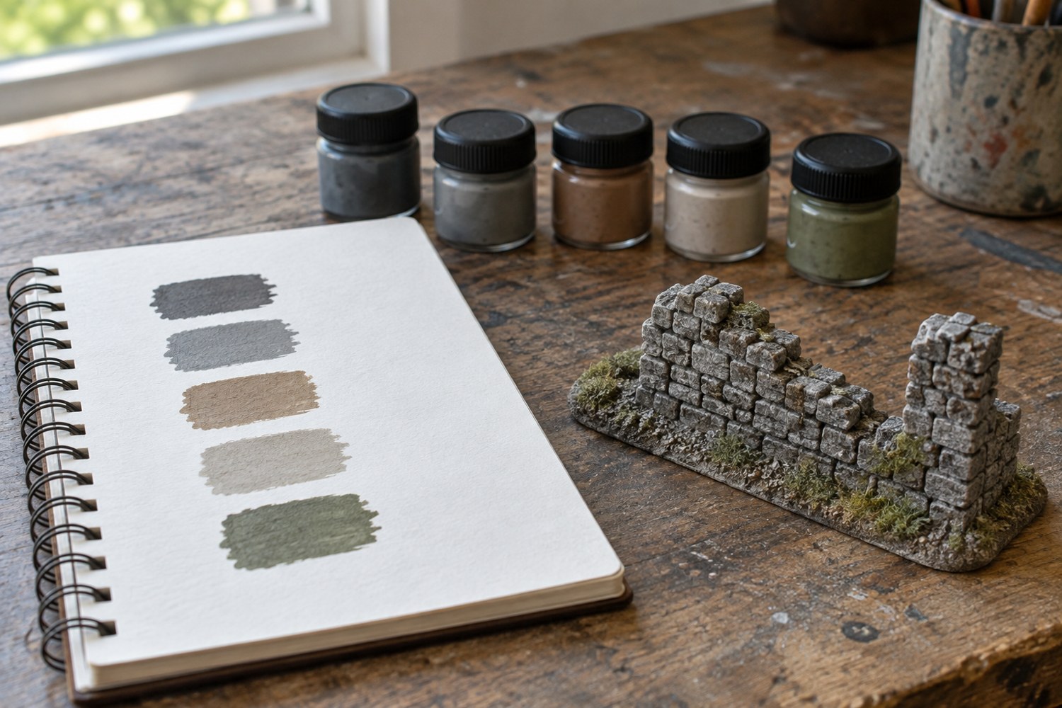 Illustration: A notebook page holding five small painted colour swatches beside a matching miniature stone terrain piece and closed paint pots