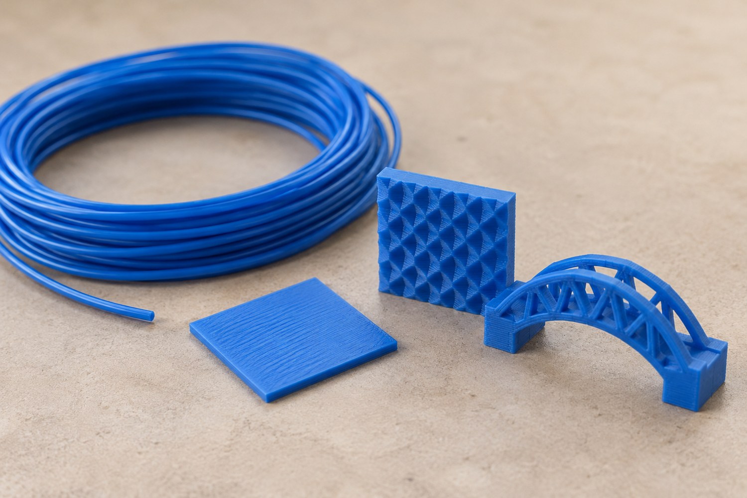 Illustration: A small loose coil of blue 3D printer filament beside three tiny test pieces printed from it: a flat swatch, a textured wall and a little bridge, each different
