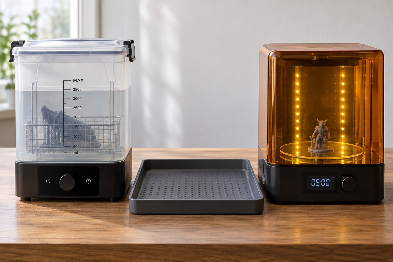 Illustration: A clean dedicated resin workstation with two physically separate tasks: sealed translucent wash tank on left and closed amber UV curing enclosure on right, separated by an empty dry spill tray