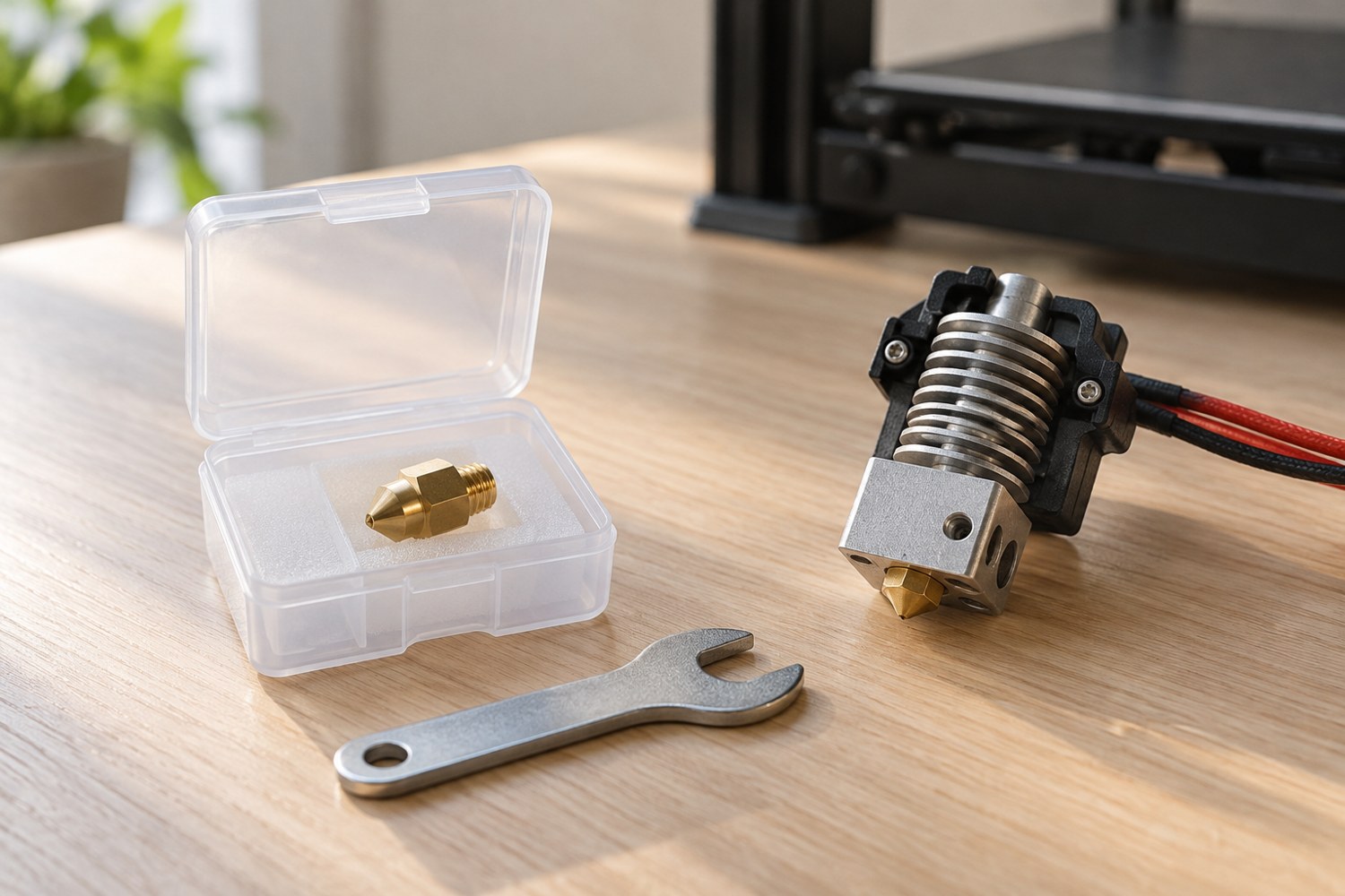 Illustration: One spare brass 3D printer nozzle sealed in a small clear compartment box beside the compatible small wrench and an idle printer hot-end component