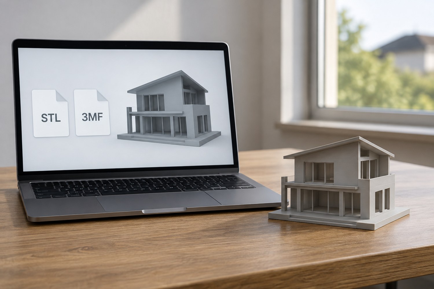 Illustration: An unbranded computer showing two file tiles with exact text STL and 3MF beside the same simple grey architectural model, with physical miniature on desk
