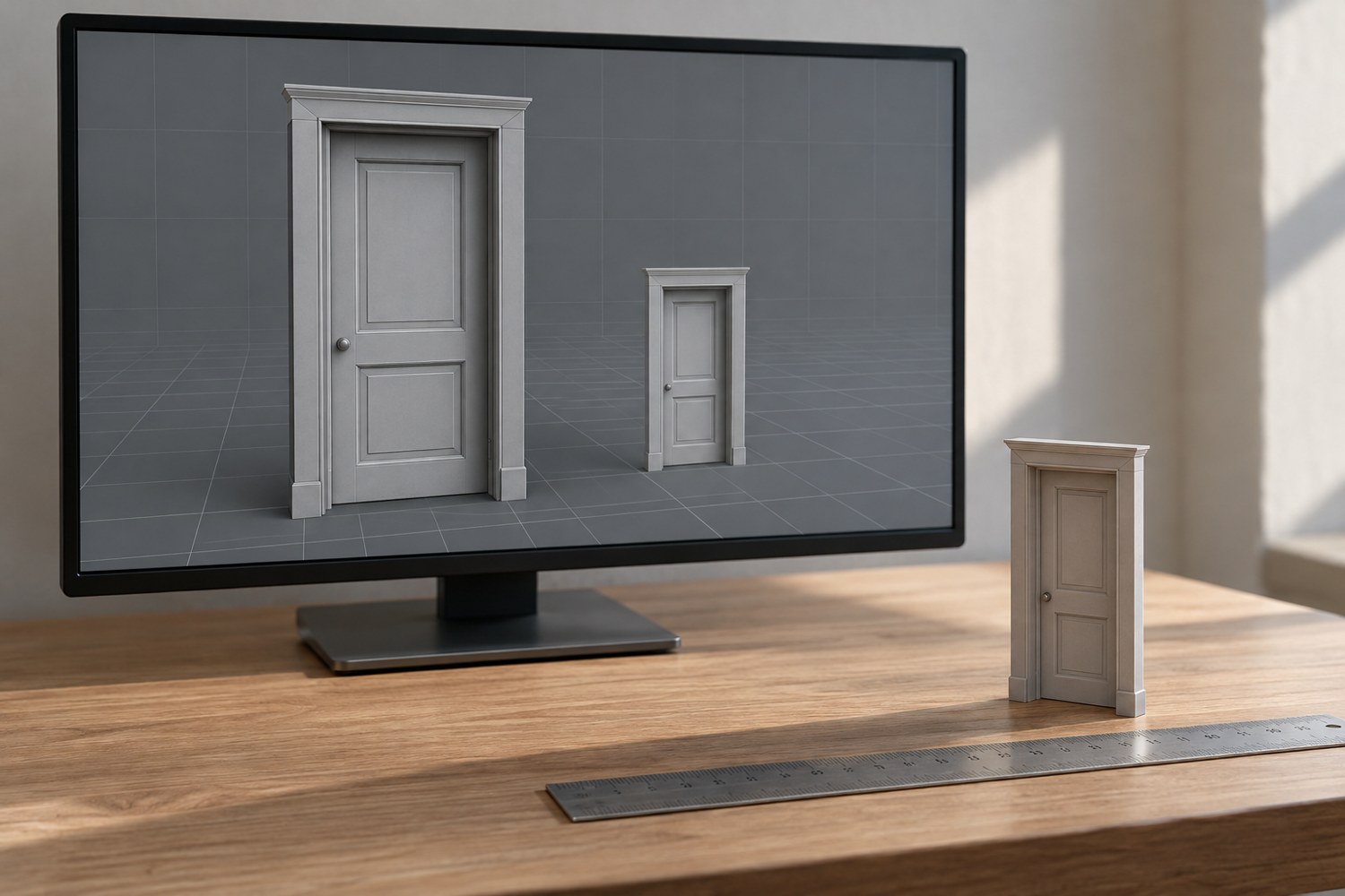 Illustration: A simple grey miniature doorway on a monitor inside an unbranded modelling grid, large and small versions side by side, with a ruler and correct physical scale doorway on the desk