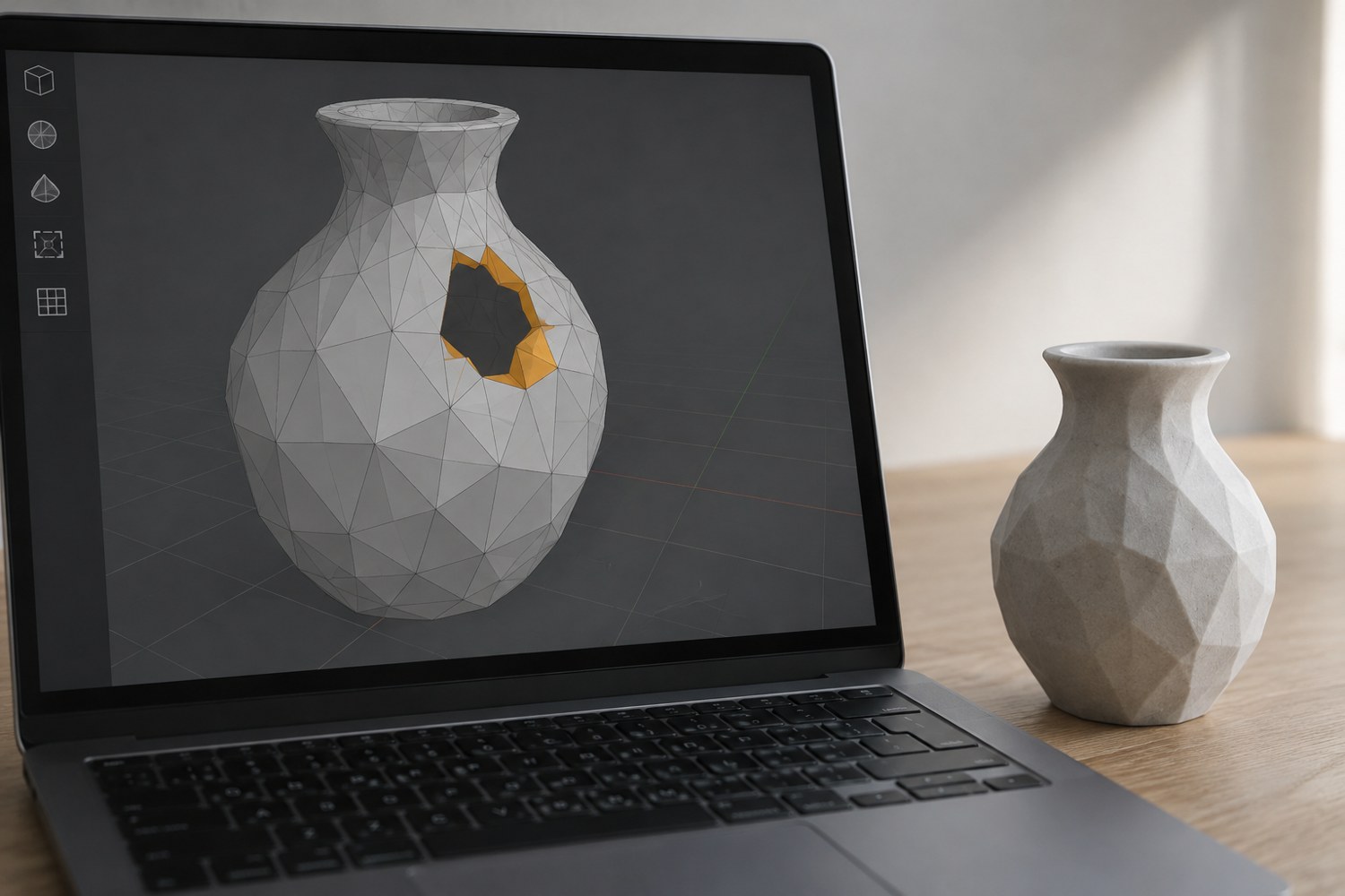 Illustration: Close view of unbranded modelling software display containing a grey faceted vase mesh with one clear hole highlighted orange and other intact surfaces grey