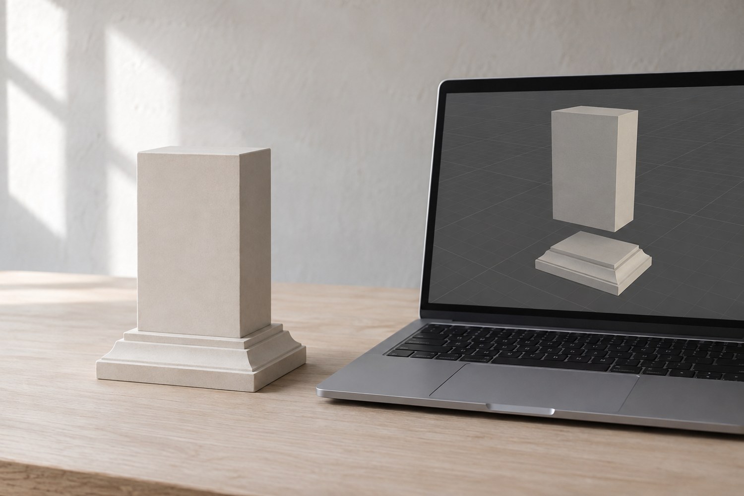 Illustration: A simple display plinth constructed from a rectangular block and a bevelled stepped base, shown as a pale clay model beside a computer with those two basic shapes separated in a neutral modelling view