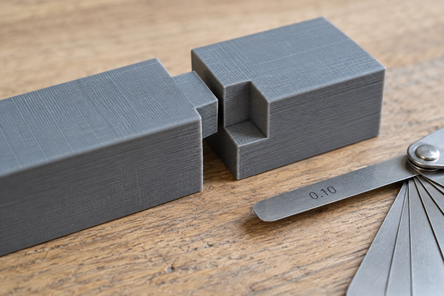 Illustration: Macro view of two grey 3D-printed interlocking rectangular test parts placed almost together, a narrow intentional clearance visible at the mating surfaces
