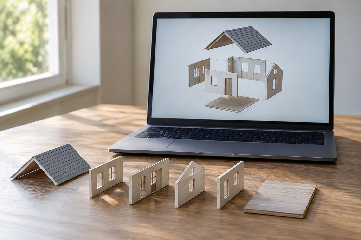 Illustration: Unbranded modelling screen displaying an exploded miniature house with separate roof and walls floating in correct alignment around a shared central axis, plus matching physical parts carefully lined up on tabletop