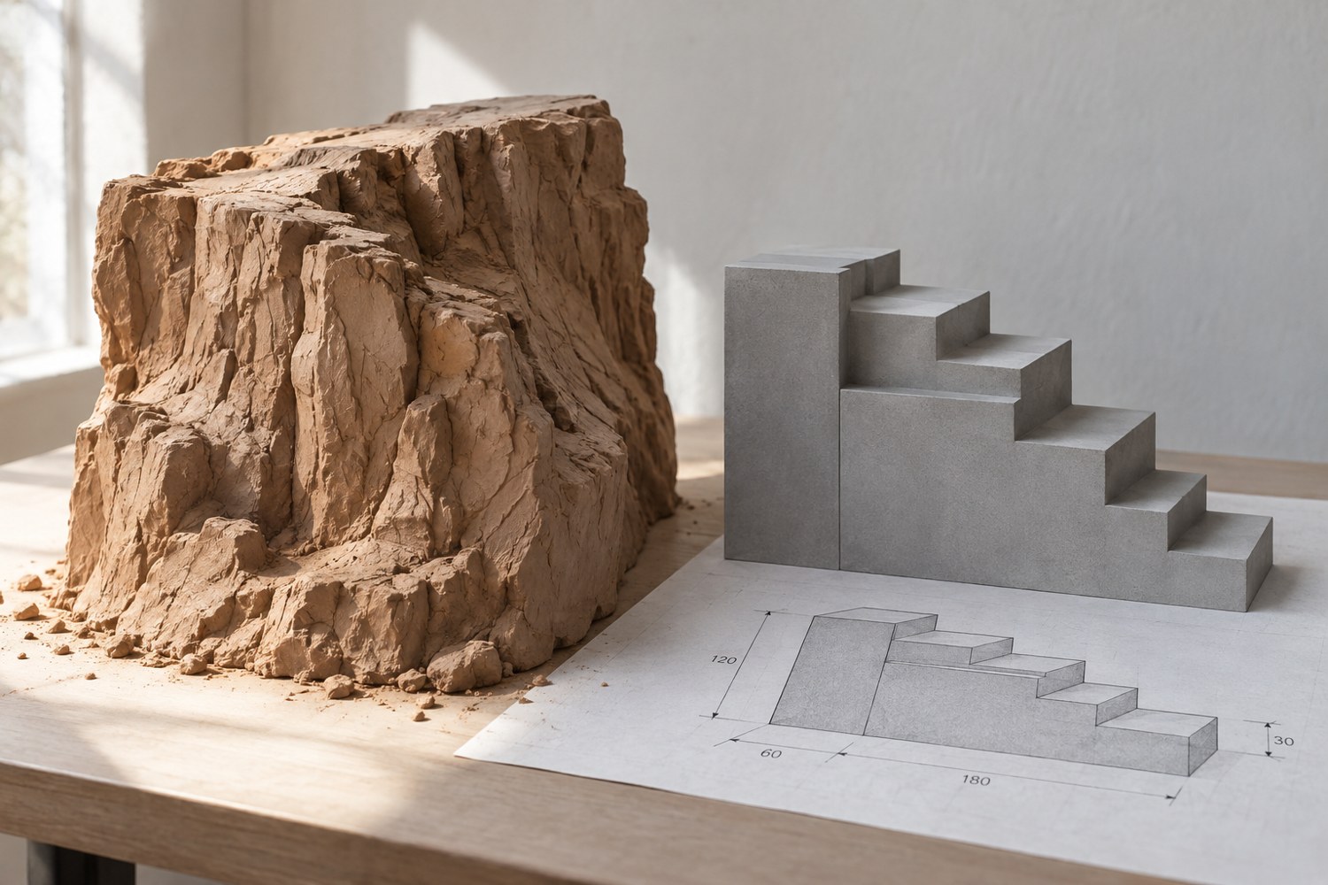 Illustration: Side-by-side workflow objects: an organically sculpted clay cliff face beside a precise grey stepped architectural block with dimension sketch beneath it, neutral desk, no split-screen collage