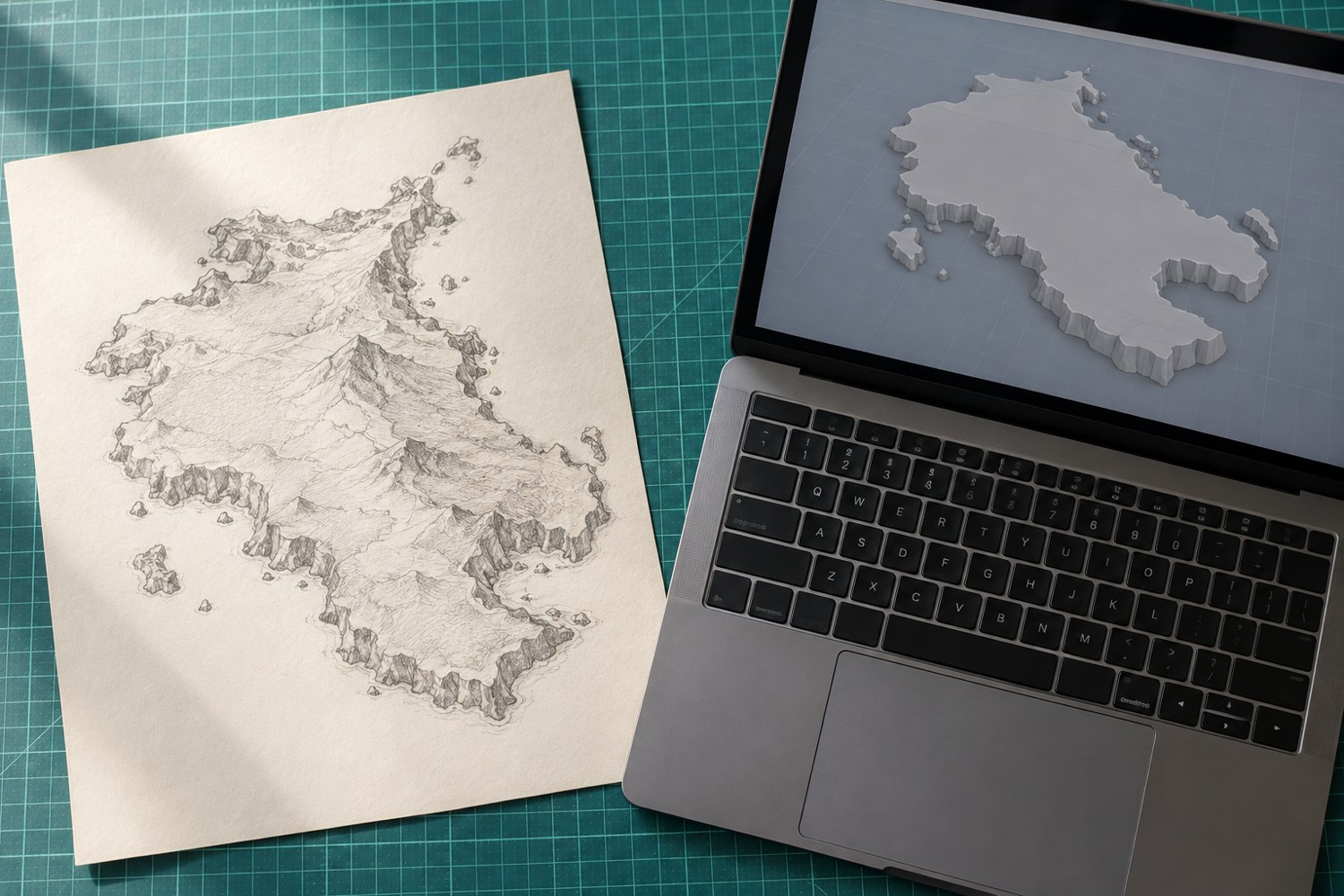 Illustration: An original pencil island coastline sketch beside a laptop showing a matching simple extruded grey island outline in an unbranded modelling view