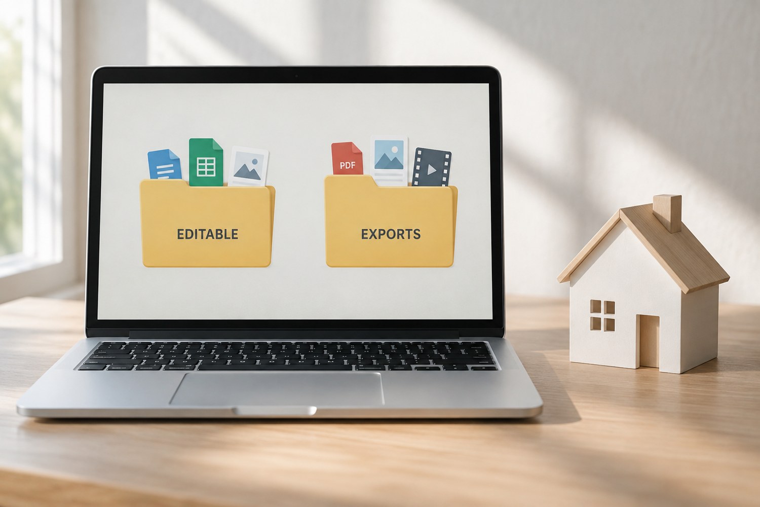 Illustration: Laptop with two clearly separate folder icons labelled 'EDITABLE' and 'EXPORTS', each containing different file icons, beside a plain miniature house