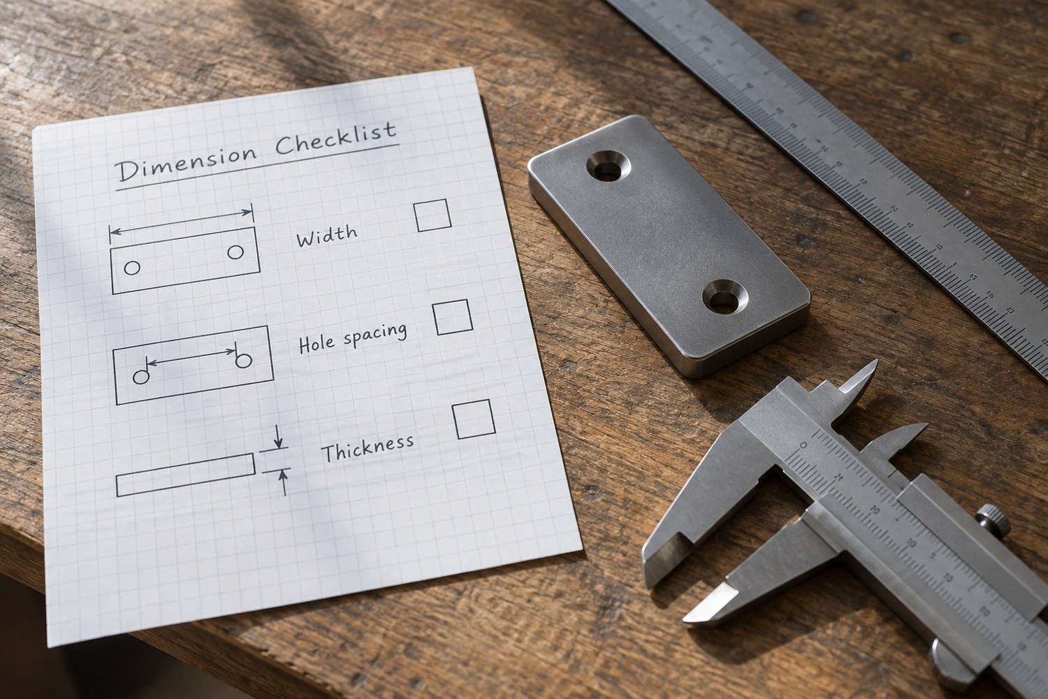 Illustration: A dimension checklist on squared paper beside a small custom printed mounting plate, ruler and caliper
