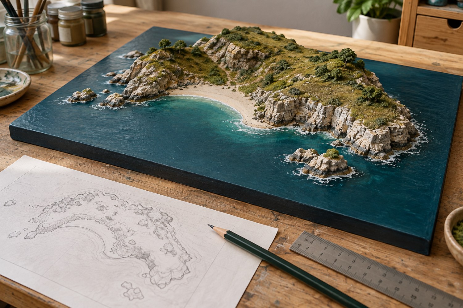 Illustration of a handmade island coastline diorama beside a pencil plan and ruler