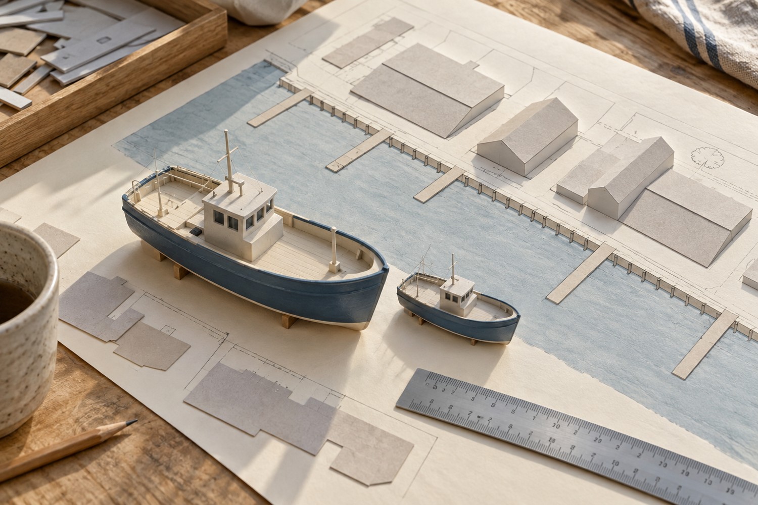 Two differently sized miniature boats beside paper harbour footprints and a ruler