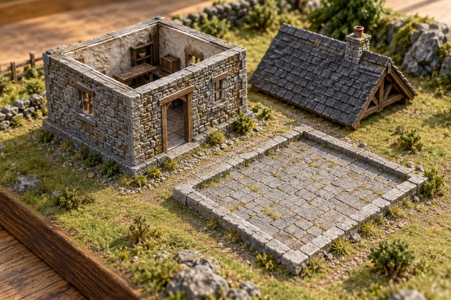 A removable miniature building beside its paved footprint with its roof detached