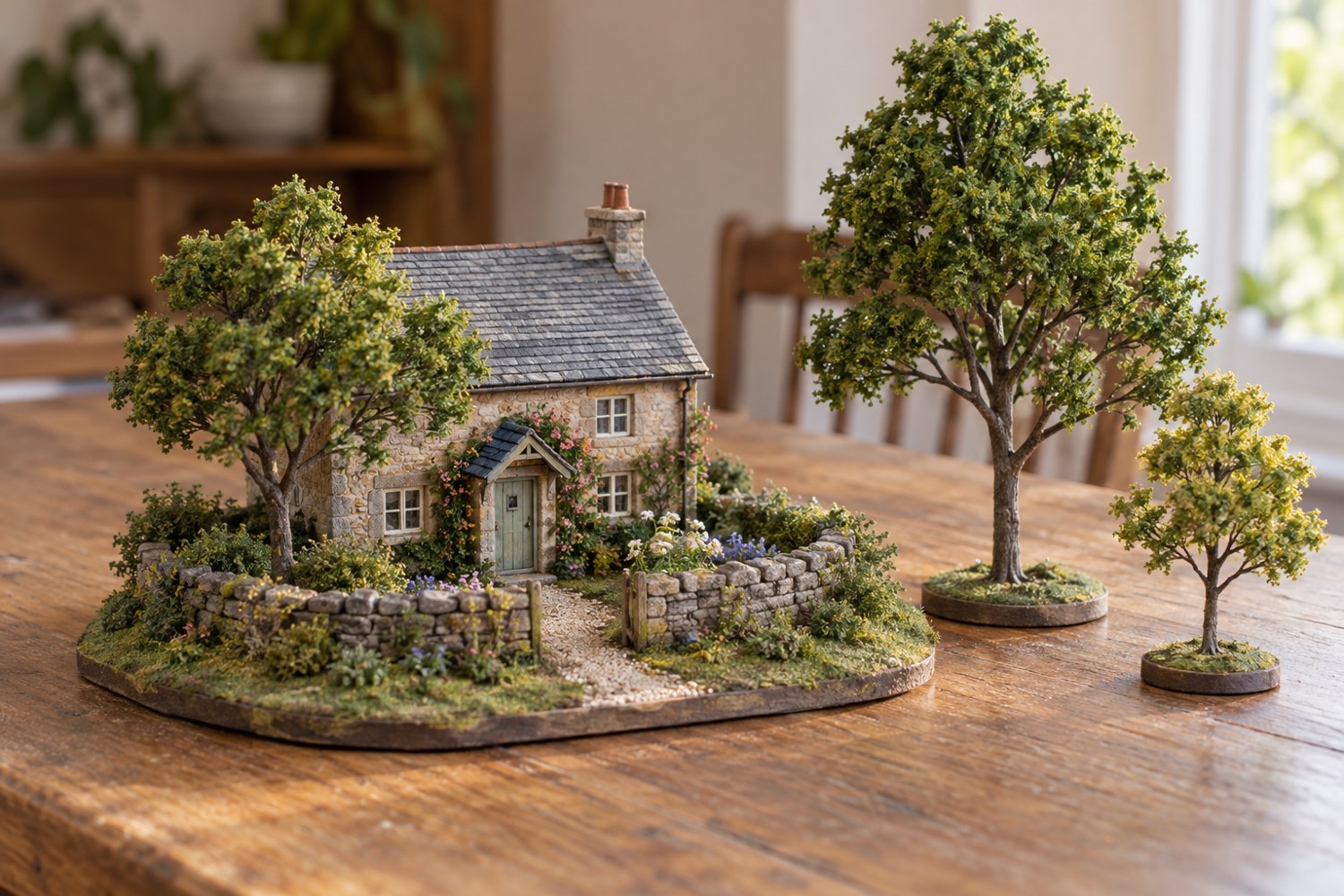 Miniature trees of different heights compared beside a cottage and path