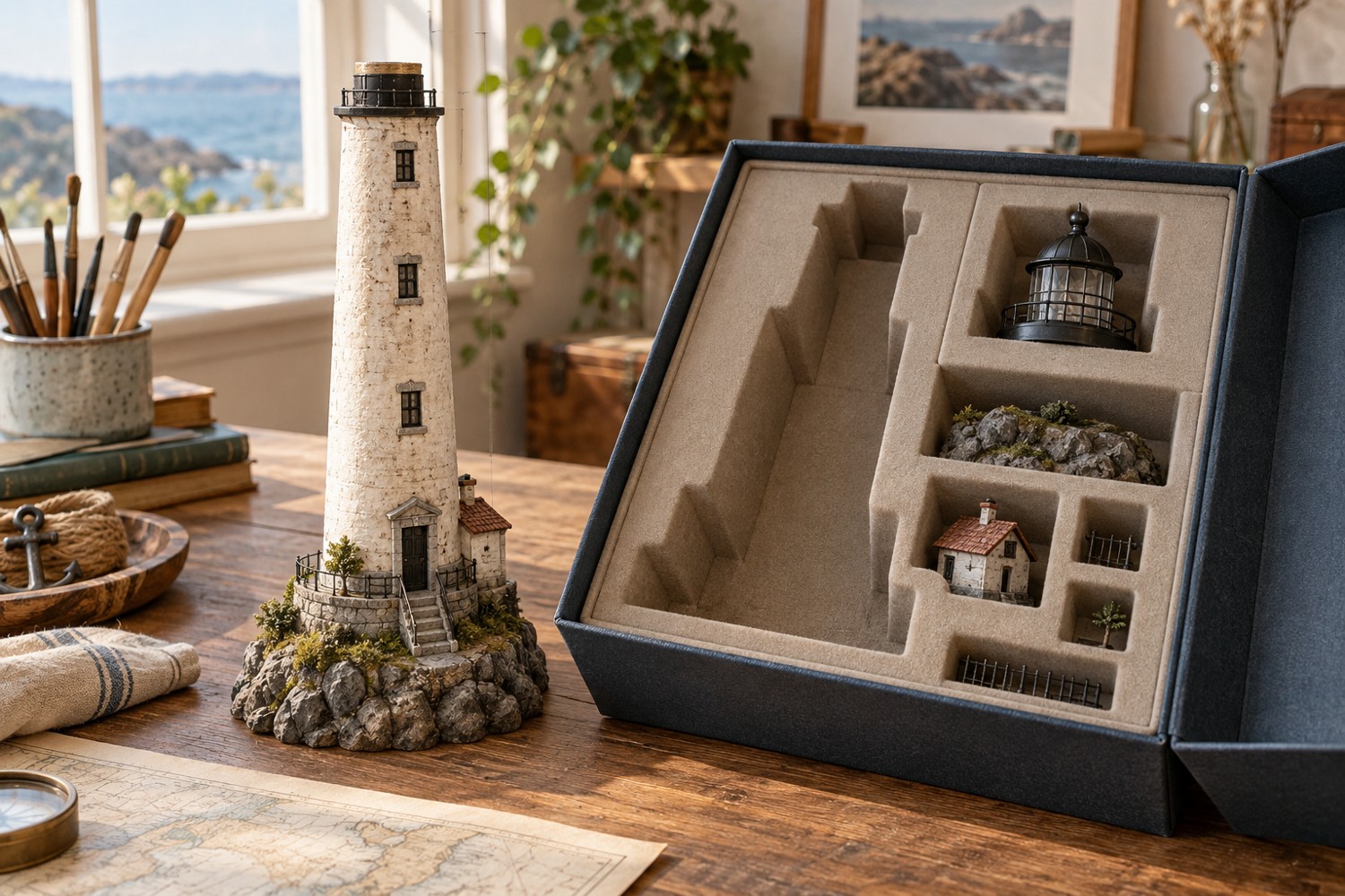 Tall lighthouse diorama with a detached top beside its fitted storage box