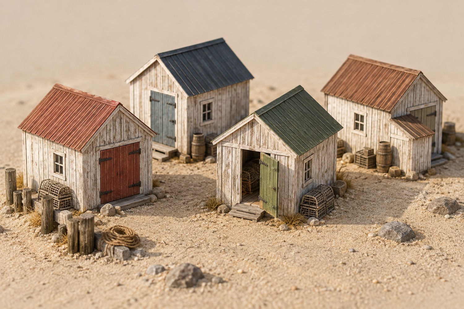 Repeated miniature harbour sheds varied through roof colours, orientation and small additions