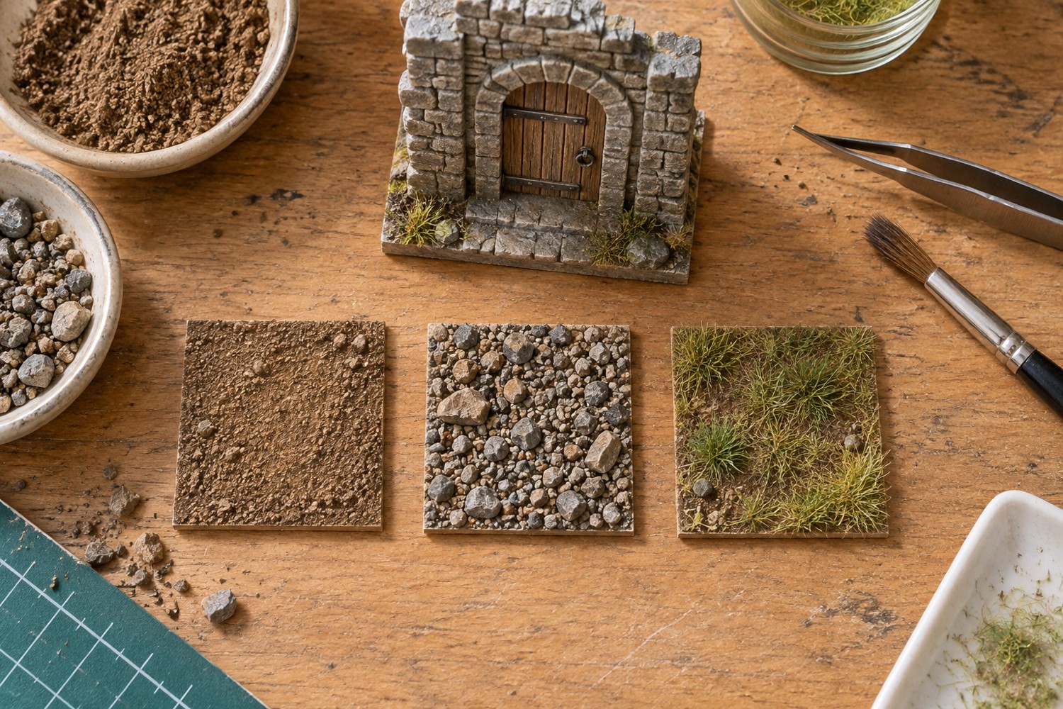 Ground-texture samples with different particle sizes beside a miniature doorway