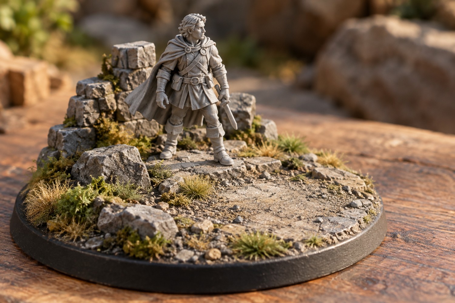 Small generic miniature on a scenic base with low rocks and an open foreground
