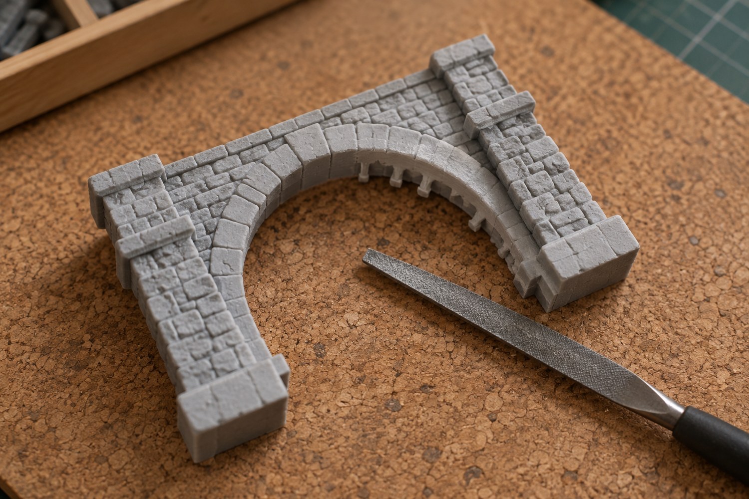 A small file beside support marks on the underside of a grey miniature arch