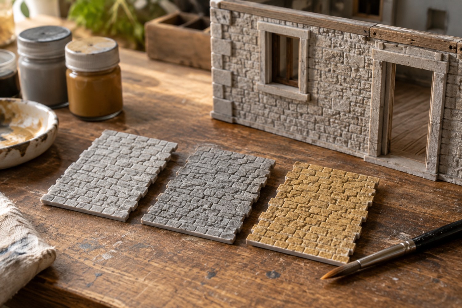 Spare textured wall coupons with primer and paint samples beside an unfinished miniature
