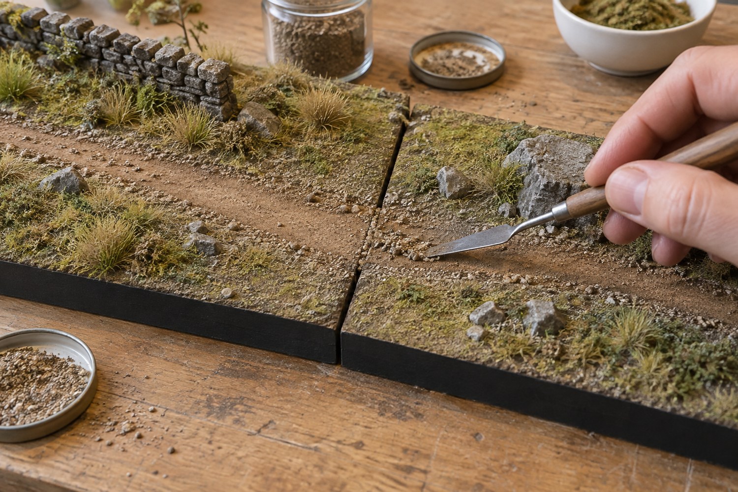 Matching ground texture being placed beside the joint between two miniature terrain tiles