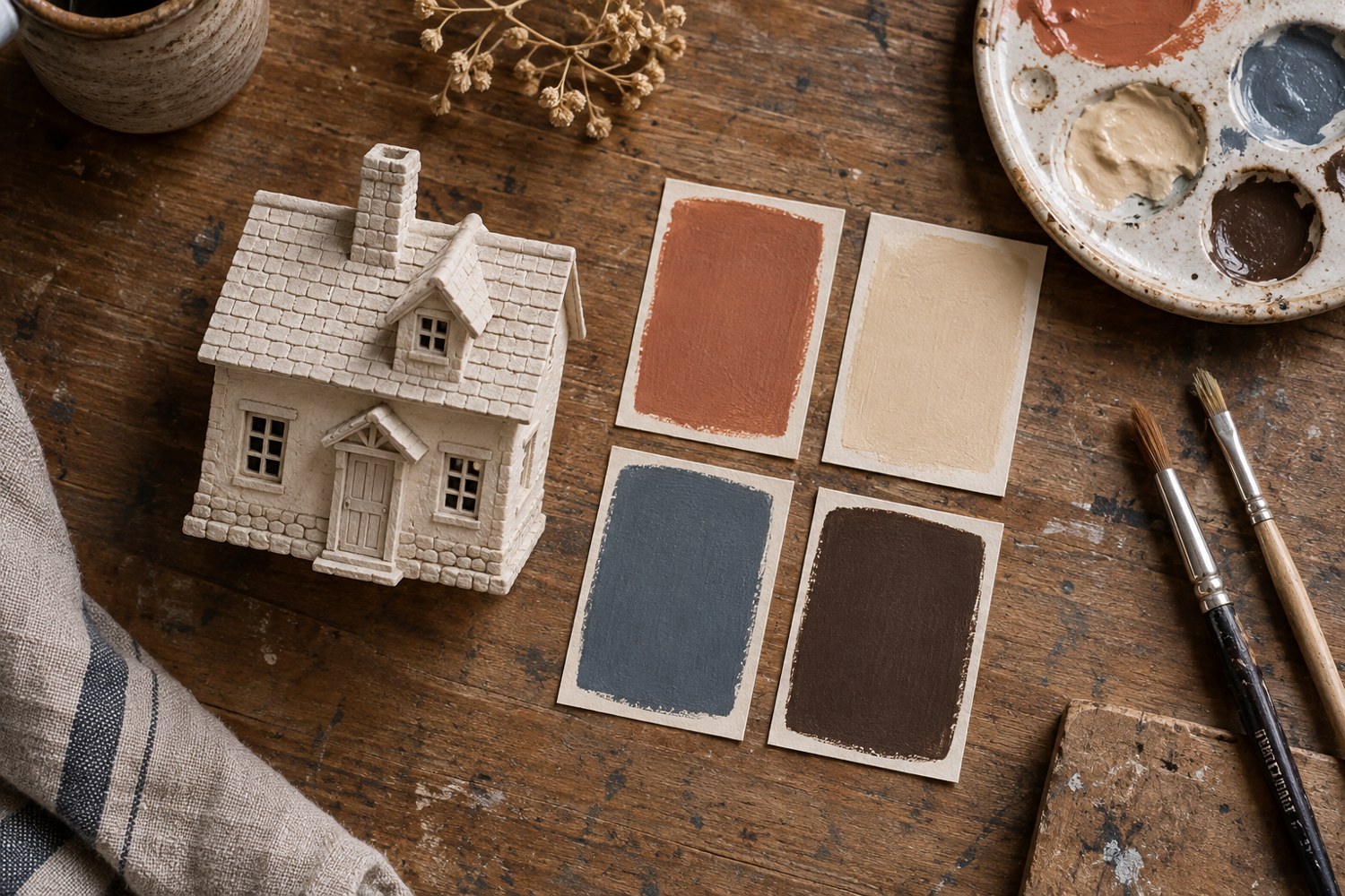 A miniature house beside four muted paint swatches and a small palette