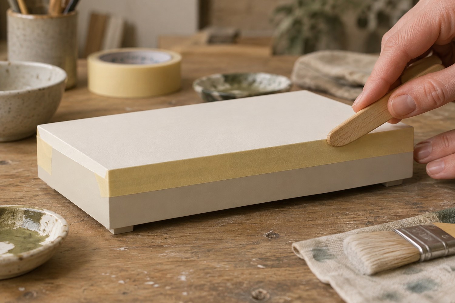 Masking tape aligned along a straight edge of a small ivory model plinth