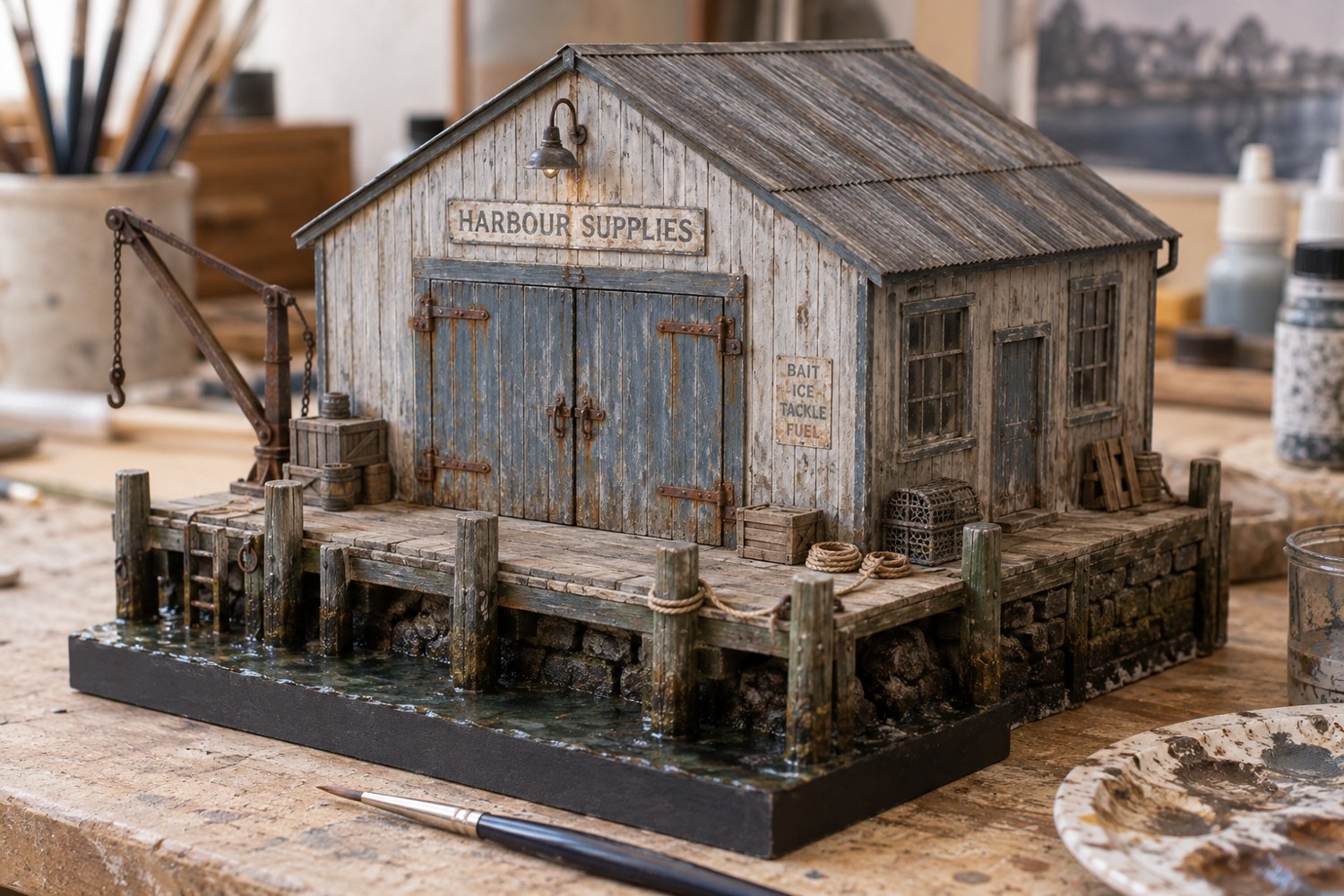 A weathered miniature harbour warehouse with subtle rust and dirt details