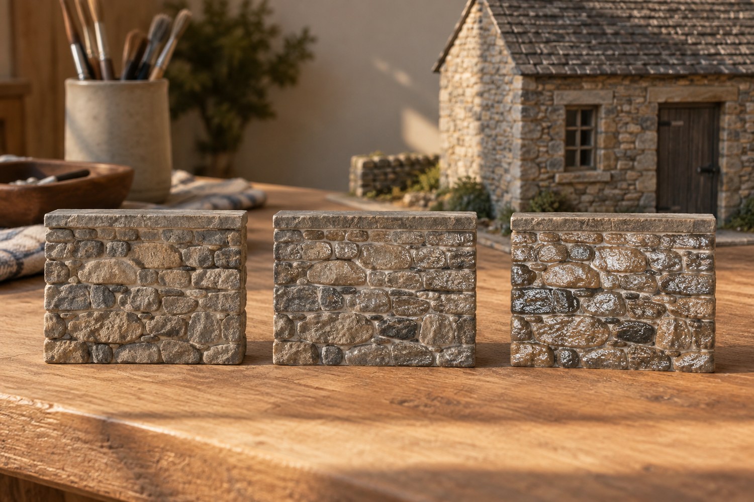 Three miniature stone wall samples with different surface sheens