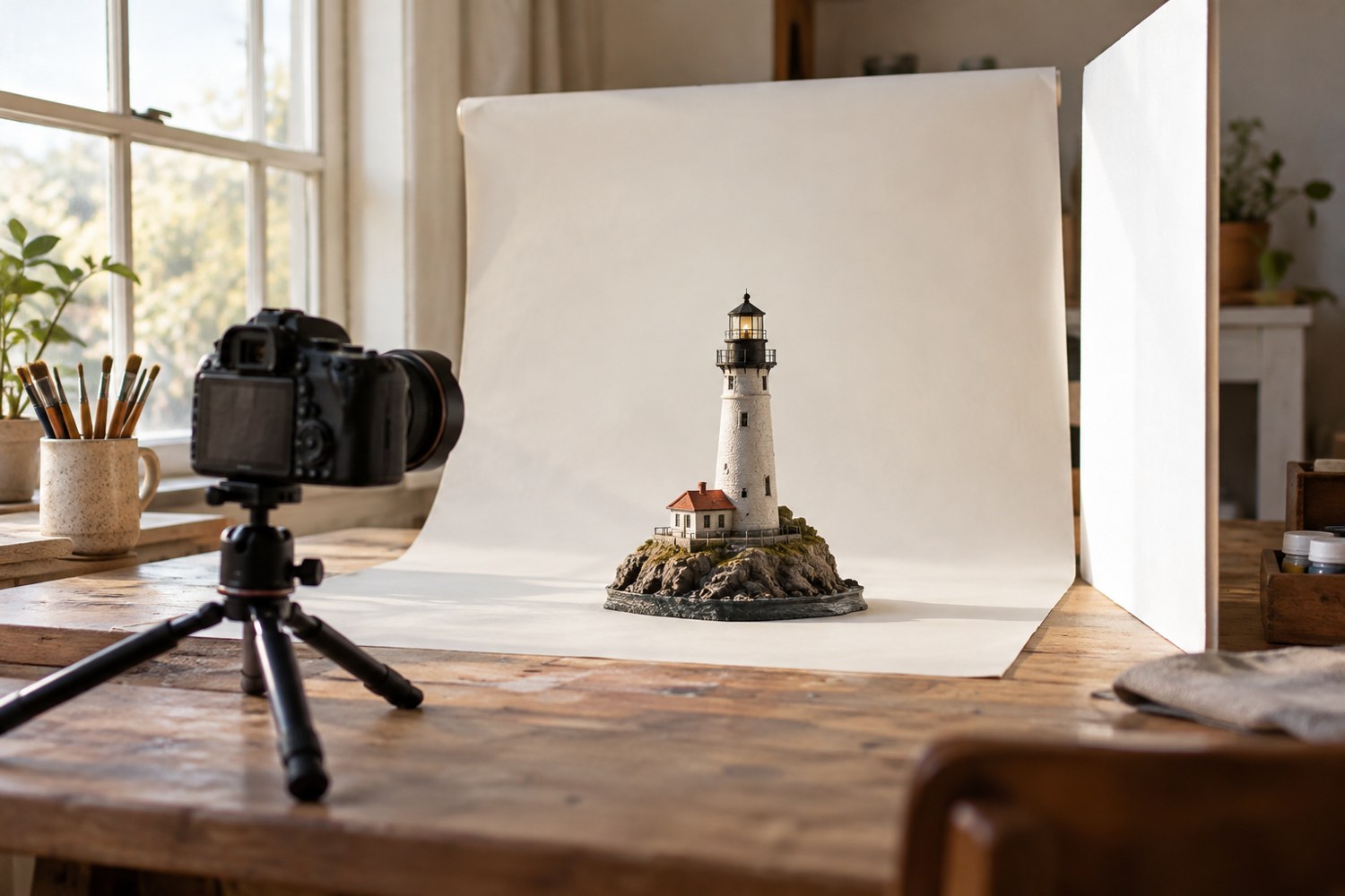 A miniature lighthouse in a window-light photography setup with a reflector