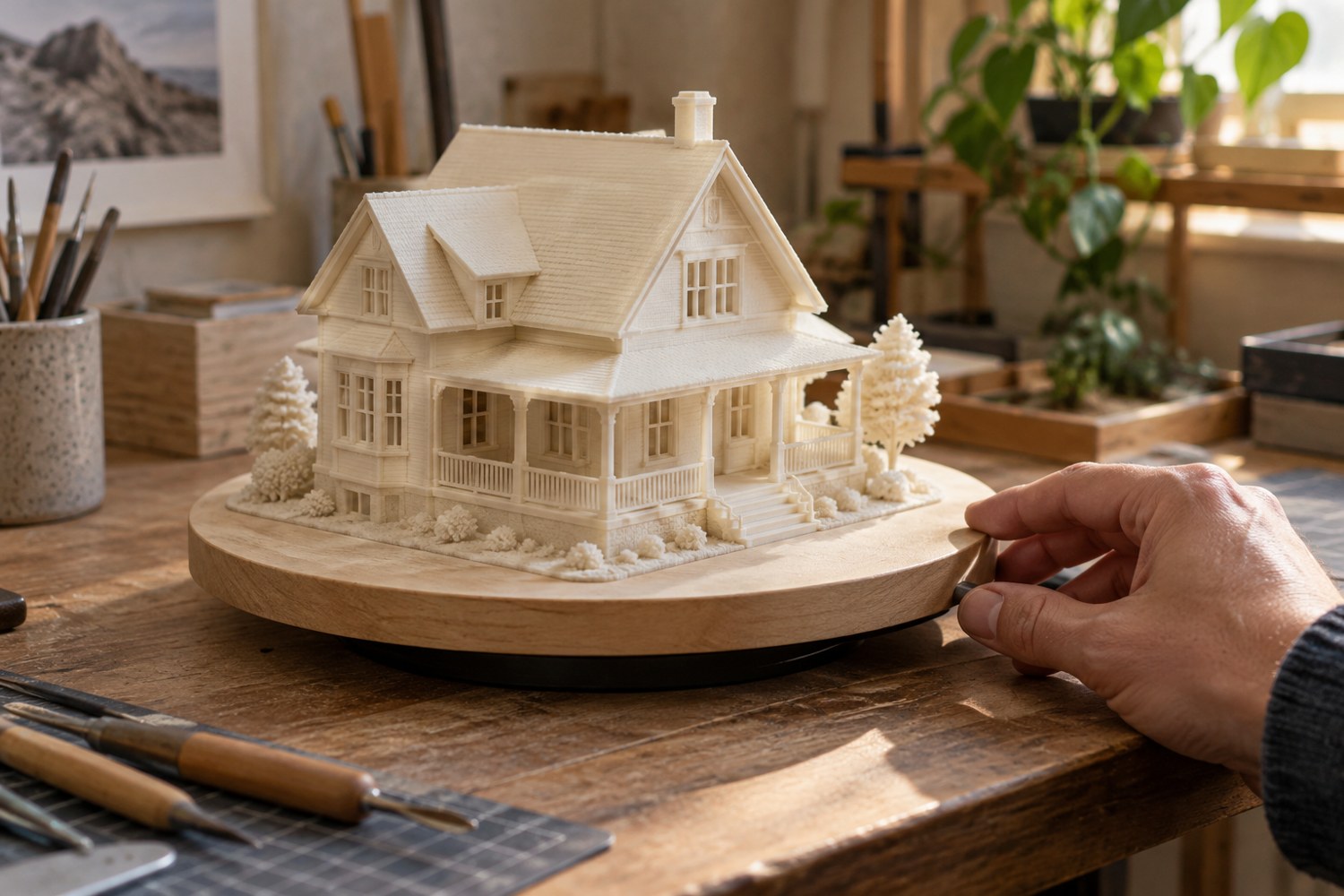 An architectural print on a manual turntable for inspection