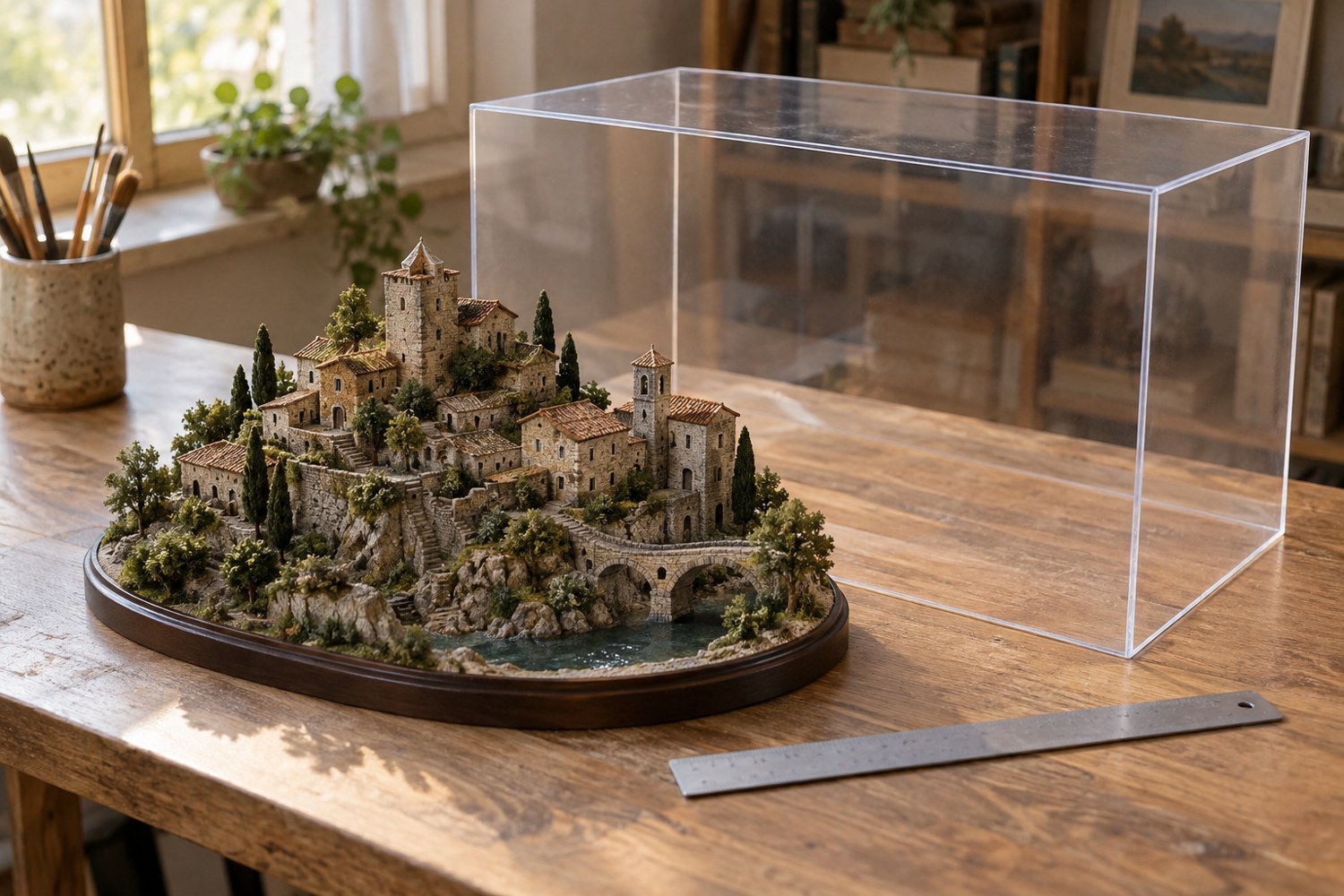 A miniature village beside a clear acrylic dust cover with room around the model