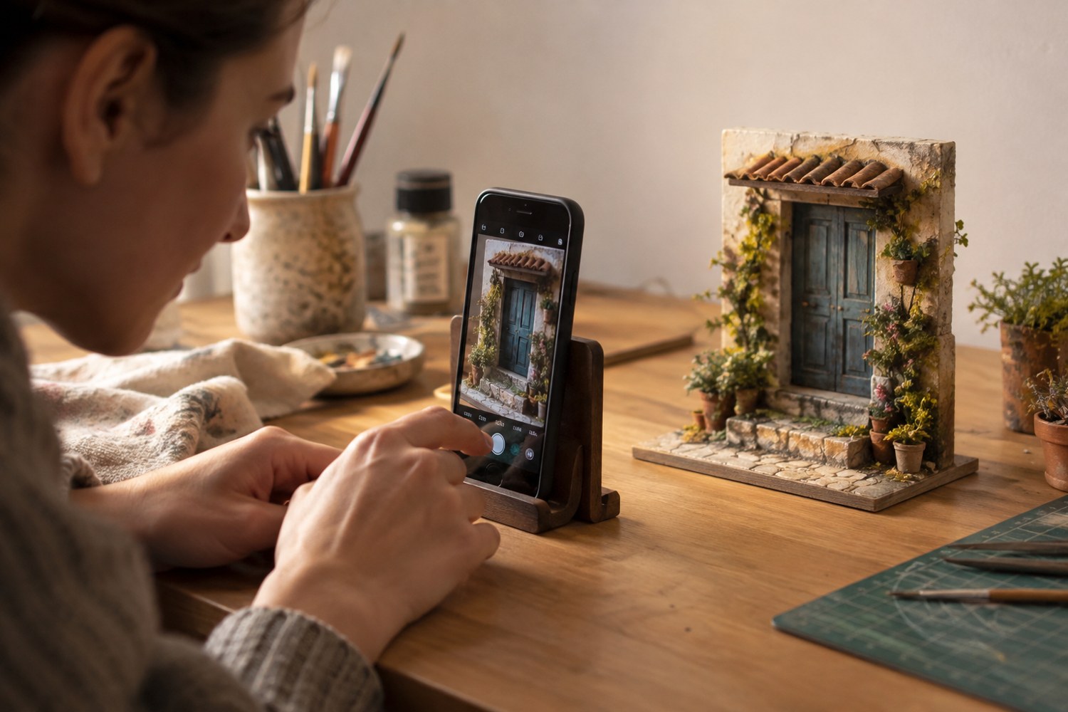 A smartphone on a tabletop stand aimed at a miniature doorway detail