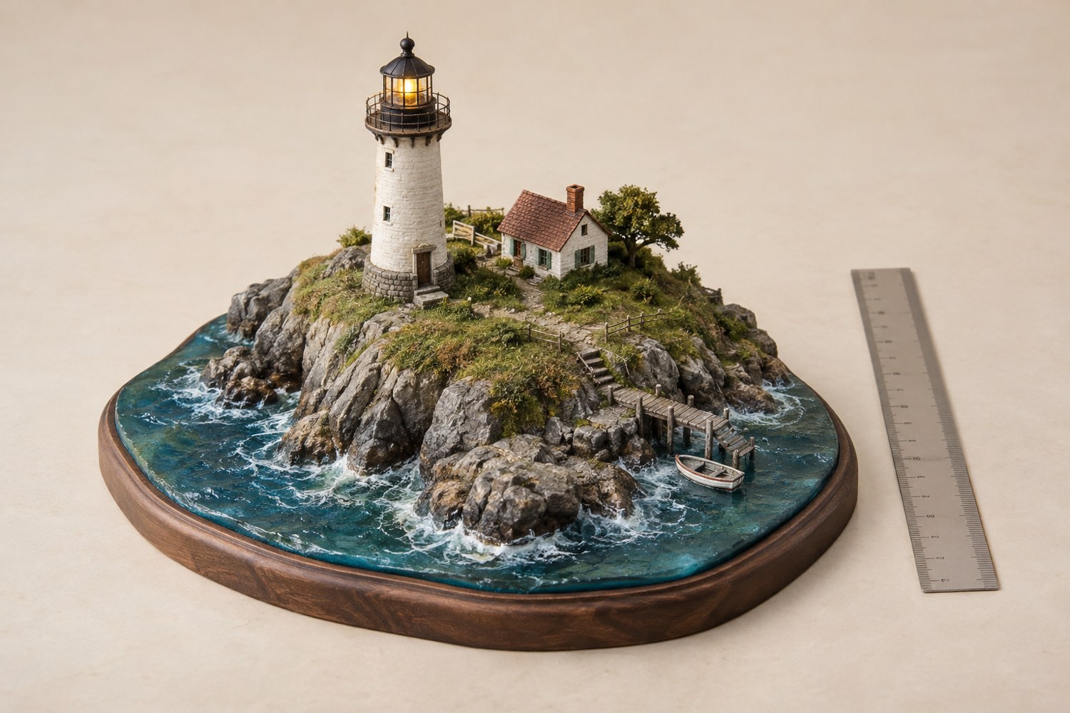 An island diorama photographed beside a ruler to show its scale