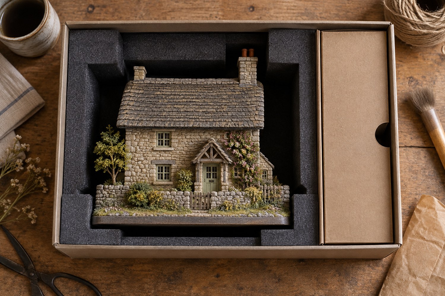 A miniature cottage supported by fitted padding inside a rigid transport box