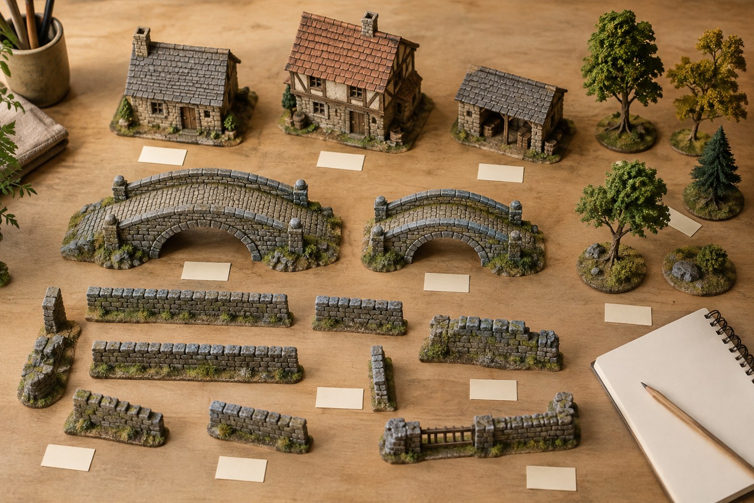 Terrain buildings, bridges and walls grouped on a tabletop for an inventory