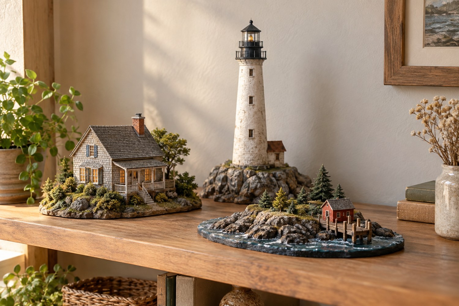 A display shelf arranging tall and low miniature models with clear sightlines