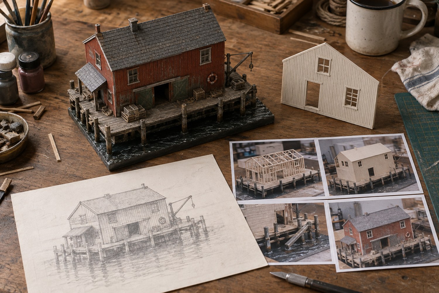 A miniature harbour building beside sketches and photographs of its making process