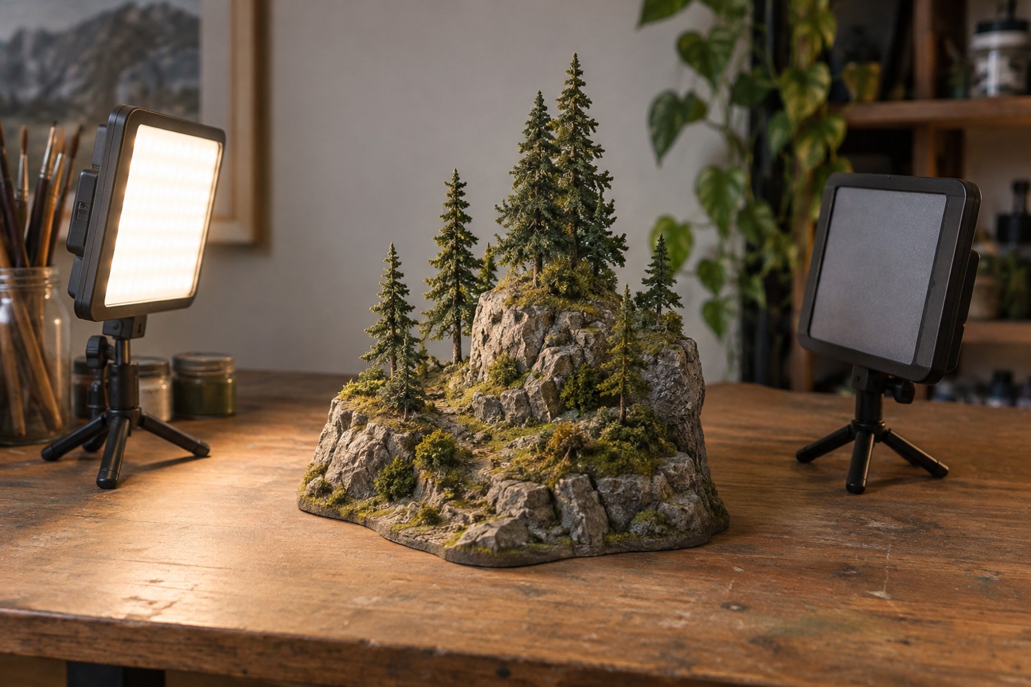 A painted rocky miniature beside adjustable lights used to compare lighting angles